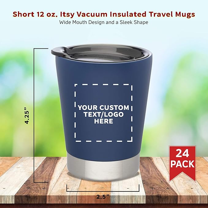 Personalized 12 oz. Itsy Vacuum Insulated Travel Mugs - 24 Pack - Custom Text, Logo - Blue