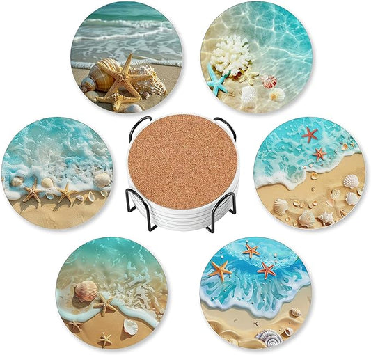Drink Coasters for Drinks Set of 6,Beach Starfish Shell Absorbent Round Ceramic Stone Mat Coaster, with Cork Base and Metal Holder, Home Bar Decor House Warming Gift