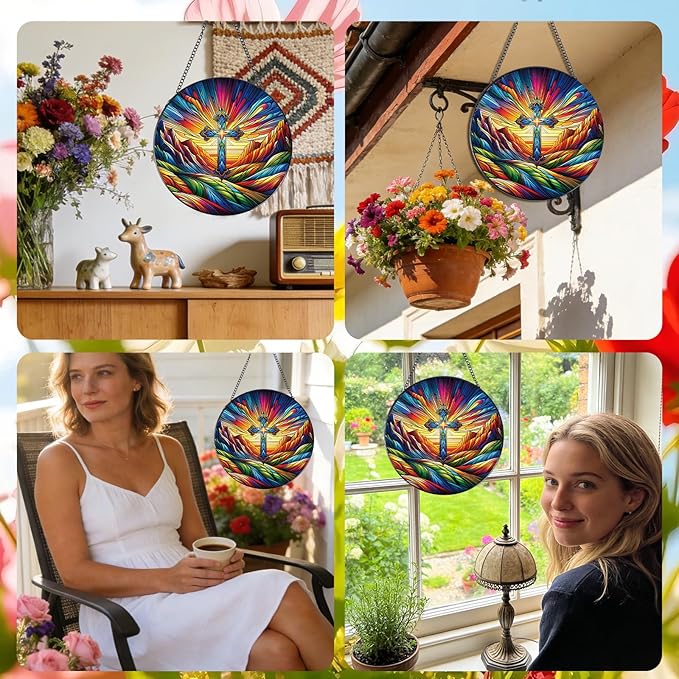 Rngmsi Stained Glass Window Hanging, 7.8″ Cross Sun Catchers with Hook Indoor Window Decor, Decorative Suncatchers Hanging Ornaments Home Garden Art Gift for Housewarming