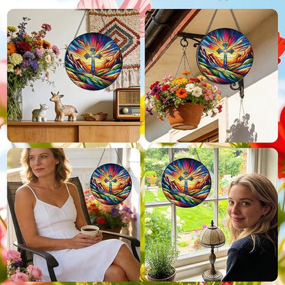Rngmsi Stained Glass Window Hanging, 7.8″ Cross Sun Catchers with Hook Indoor Window Decor, Decorative Suncatchers Hanging Ornaments Home Garden Art Gift for Housewarming