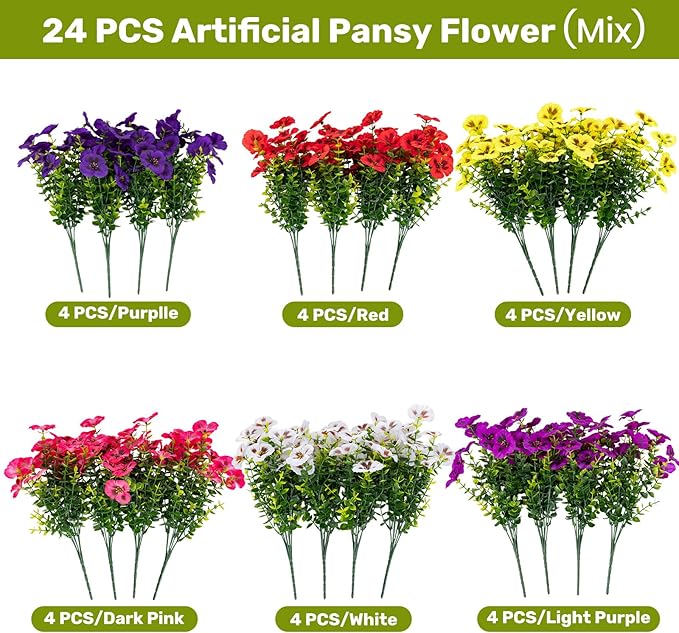 Artificial Flowers, 24 Bundles, Decorative Bouquets for Home, Wedding, Garden, Office Decor (6 Multicolor)