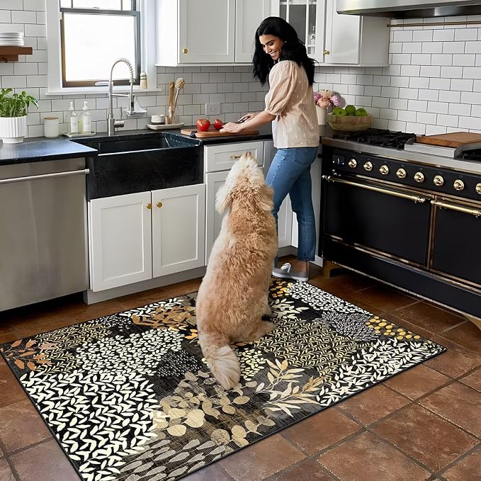 DEXDE Washable Area Rug 3x5 for Living Room, Abstract Small Boho Rugs Non Slip Soft Kids Room,Vintage Leaves Floral Carpet for Bedroom Entryway Kitchen Office Dining Room, Black