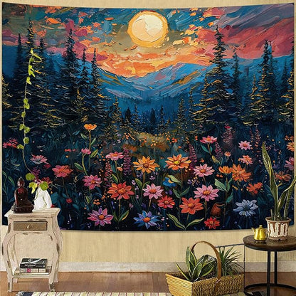 kampdream Landscape Tapestry, Scenery Art Wall Tapestries, Nature Wall Decor for Bedroom Living Room Backdrop Sunset Wildflowers 44×60 inches
