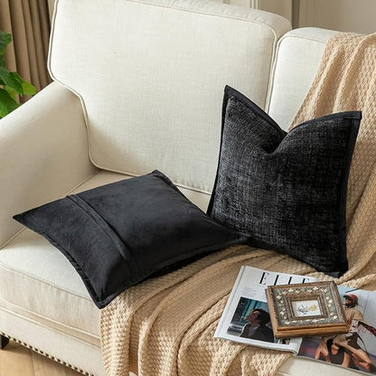 Yaertun Pack of 2 Chenille Textured Decorative Throw Pillow Covers Accent Solid Cushion Cover Soft Cozy Pillow Case with Velvet Back for Couch Sofa Bed Living Room 20x20 Inch Black