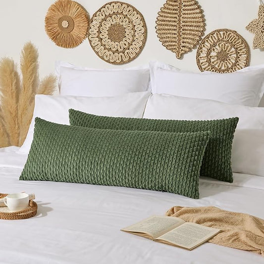 Kevin Textile 14x36 Inch Long Lumbar 1 Pack Boho Decorative Throw Pillow Cover Soft Striped Corduroy Rectangle Cushion Case Farmhouse Solid Color Accent for Living Room Couch Sofa Bed, Moss Green