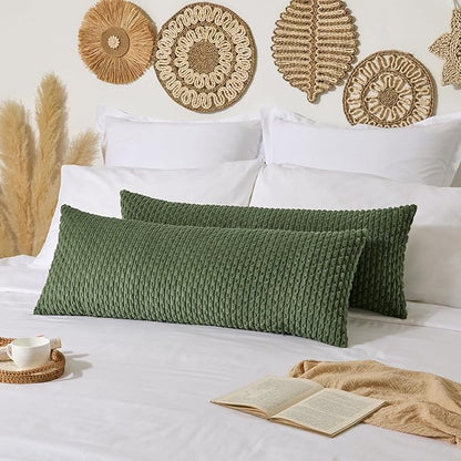 Kevin Textile 20x54 Inch Long Body Lumbar 1 Pack Boho Decorative Throw Pillow Cover Soft Striped Corduroy Rectangle Cushion Case Farmhouse Accent for Living Room Couch Sofa Bed, Moss Green