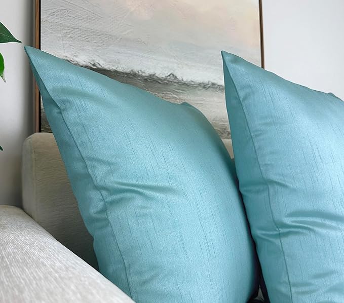 Aiking Home Collection 26x26 Inches Faux Silk Square European Shams, Zipper Closure, Aqua (Set of 2)