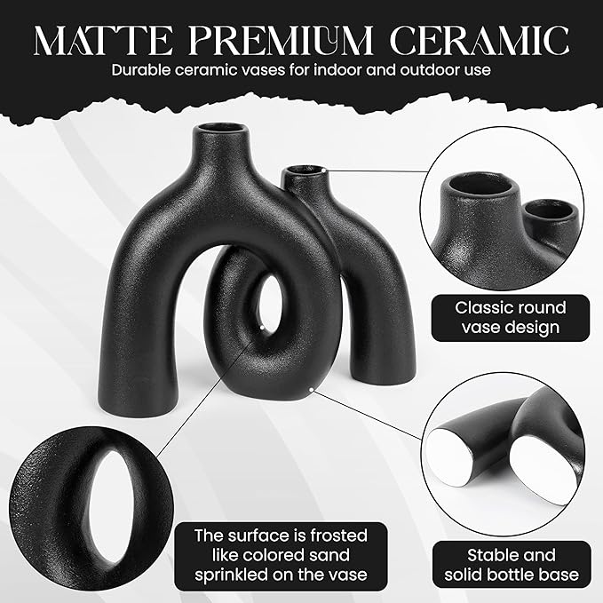 Ceramic Hug Vase (Deep Black) Modern Donut Style Hugging Vases for Flowers Minimalist Decor – Hollow Ceramic Waterproof Home Decor Vases for Living Room, Bed Room, Book Shelf, Entryway Table.