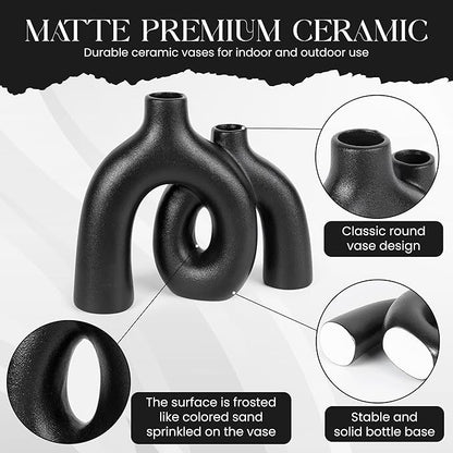 Ceramic Hug Vase (Deep Black) Modern Donut Style Hugging Vases for Flowers Minimalist Decor – Hollow Ceramic Waterproof Home Decor Vases for Living Room, Bed Room, Book Shelf, Entryway Table.