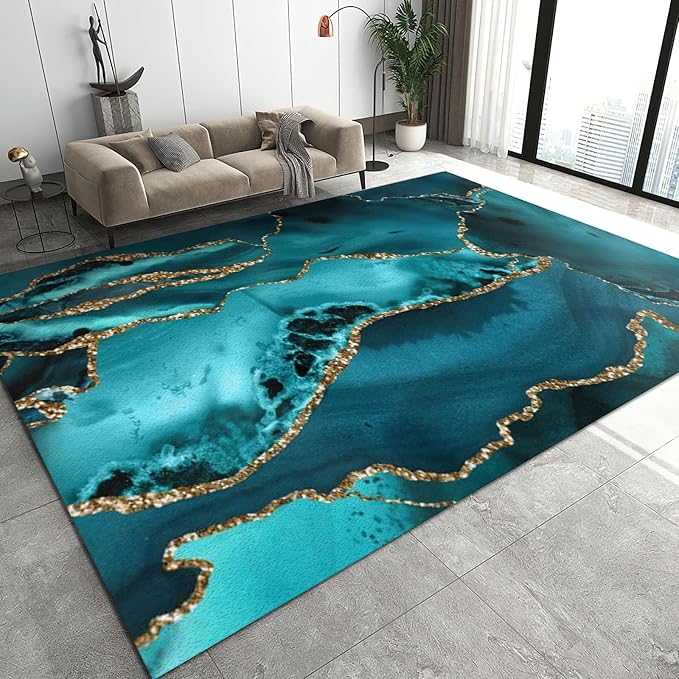Emerald Blue Marble Area Rug, Luxury Marble Non Slip Noise Reduction Accent Rug, Machine Washable Durable Carpet for Indoor Bedroom Living Room Office Decor Rug - 4 ft x 5 ft