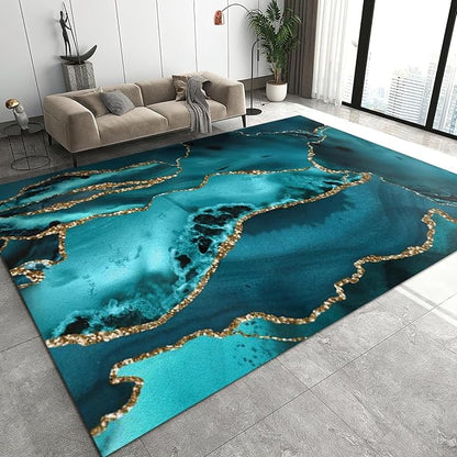 Emerald Blue Marble Area Rug, Luxury Marble Non Slip Noise Reduction Accent Rug, Machine Washable Durable Carpet for Indoor Bedroom Living Room Office Decor Rug - 5 ft x 8 ft