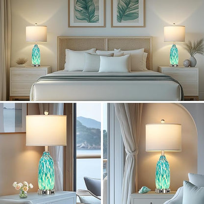 26" Peacock Green Glass Table Lamps Set of 2,Coastal Nautical Bedside Lamps with USB Ports & AC Outlet,Lamparas Elegantes para Cuarto with Night Light for Bedroom Living Room Decoration