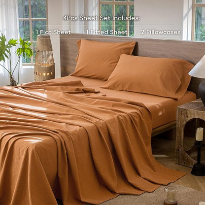 MooMee Bedding Sheet Set 100% Washed Cotton Linen Like Textured Breathable Durable Soft Comfy (Solid Burnt Orange, California King)