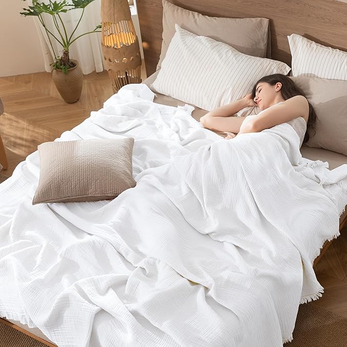 MooMee Muslin Blanket - 100% Cotton 4-Layer Gauze Throw Blanket with All-Around Fringe, Ultra-Soft Breathable Lightweight Cooling Decorative for Bed, Sofa & Couch (Bright White,King 104" x 90")