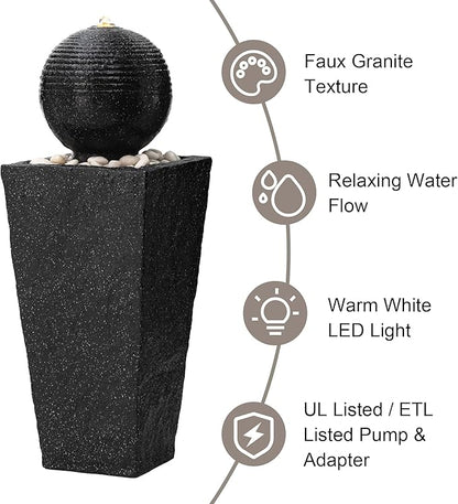 Glitzhome Outdoor Water Fountain with LED Light, Decorative Black Pedestal Water Fountains with Submersible Pump, Modern Sphere Floor Fountain with Pebbles for Garden Patio Decor Porch, 31.75”H