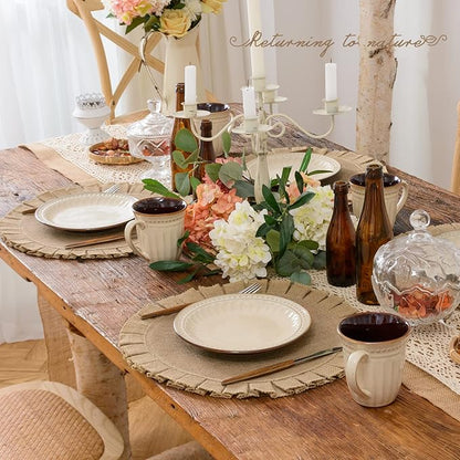 FunWheat Burlap Round Braided Placemats Set of 6 for Dining Tables 15 Inch Heat Resistant Jute Table Mats Farmhouse Woven Fabric Natural Place mats for Decoration(Ruffled Lace)