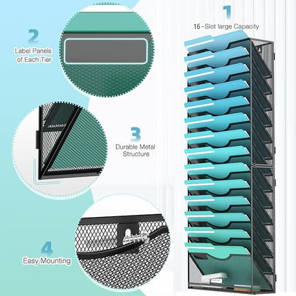 15-Tier Wall File Organizer Hanging Wall File Holder Wall Mount Paper Folder Organize, Mesh Magazine Document Mail Organizer Wall Organizer for Office School Home, Black