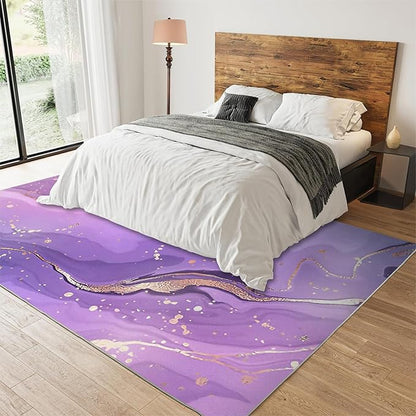 Nordic Abstract Ink Splash Purple Golden Lines Area Rug, Purple Marble Art Large Rug, Machine Washable Breathable Durable Carpet for Room Sofa Living Room Mat Bedroom Decor Floor Mat,5 x 6ft