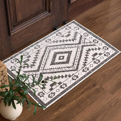 Moroccan Washable Entryway Rug 2x3, Geometric Decorative Woven Area Rug, Non-Slip Boho Accent Soft Low-Pile Indoor Door Mat, Small Throw Rug for Bathroom Front Porch, Dark Brown/White