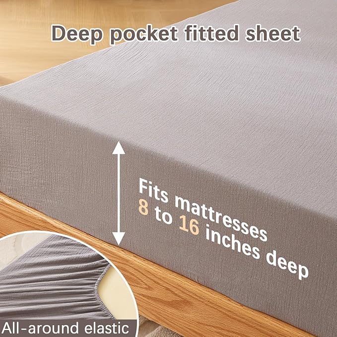 King Sheet Set Cotton Bed Sheets Gauze 4 Pcs Grey King Sheets Set 16" Deep Pocket Sheet & Pillowcase Sets Boho Muslin King Sheets Soft King Bedding Sets for All Season