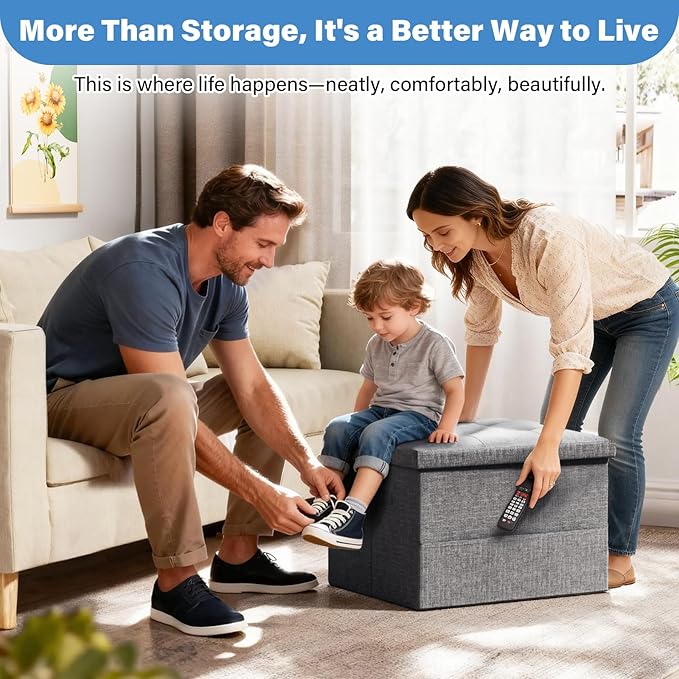 Storage Ottoman Foot Rest Stool, Foldable Footstool Storage Bench with Thicker Foam Padded Seat,Foot Rest Stool, 43L Ottoman with Bench, Holds Up to 350lbs, 17x13x13in,Drak Gray