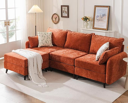 104'' Modular Sectional Sofa with Seats Storage,Oversized L Shaped Couch with Deep Seat,3-Seater Comfy Cloud Couches for Living Room, Movable Ottoman,Chenille,Orange