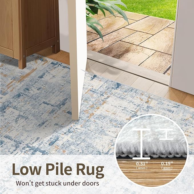 5x7 Area Rugs for Bedroom Living Room,Non-Slip Washable Rug, Modern Abstract Blue Rugs for Dining Room, Foldable Thin Indoor Carpet Stain Resistant(Blue Beige)