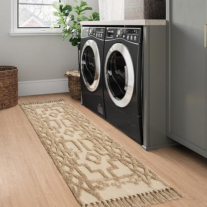 Uphome Boho Runners for Hallways 2' x 8', Washable Farmhouse Entryway Runner Rug, Cotton Tufted Bedroom Runner Rugs, Bohemian Tribal Aesthetic Rug for Kitchen Doorway Bathroom Living Room, Khaki