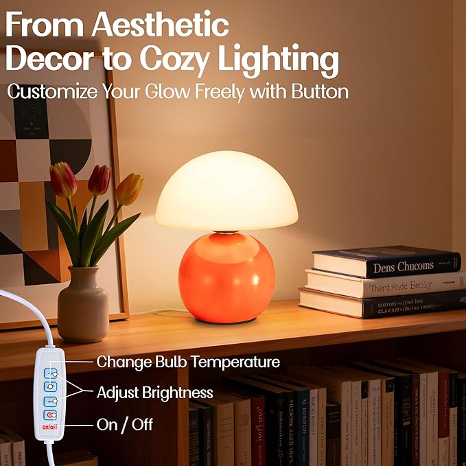 Cute Small Mushroom Lamp Decor,USB-Plug in Bedside Table Lamps with 3-Temperature LED Bulb Dimmable,Modern Aesthetic Home Decor for Livingroom/Bedroom/Dorm/Nursery (Orange with Plug)