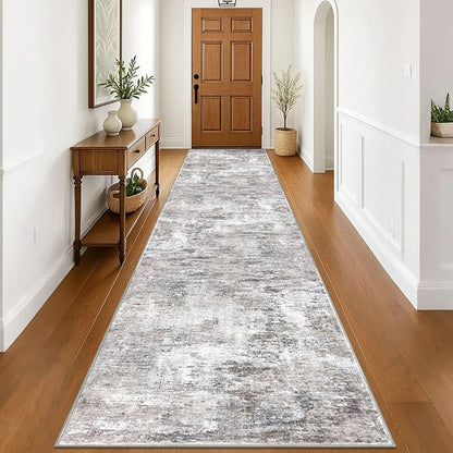 Modern Abstract 3x16 Runner Rug, Beige Grey Neutral Washable Long Kitchen Runner Non-Slip Soft Hallway Rug Runner Thin Print Faux Wool Floor Carpet for Hall Stair Entryway