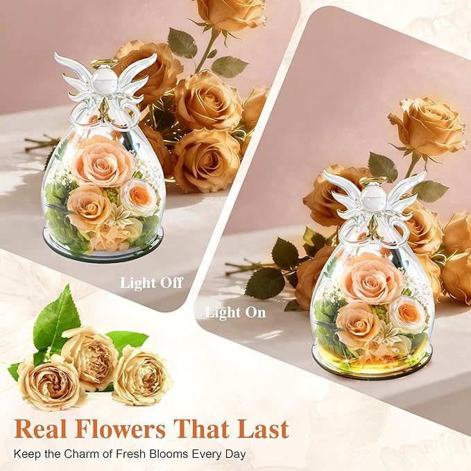 MOKOQI Valentines Day Gift for Her Birthday Gifts for Women | Forever Rose Preserved Flower in Glass Flowers for Delivery, Real Rose Angel Figurine for Mom Grandma Mother’s Day Christmas Gifts