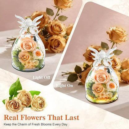 MOKOQI Valentines Day Gift for Her Birthday Gifts for Women | Forever Rose Preserved Flower in Glass Flowers for Delivery, Real Rose Angel Figurine for Mom Grandma Mother’s Day Christmas Gifts