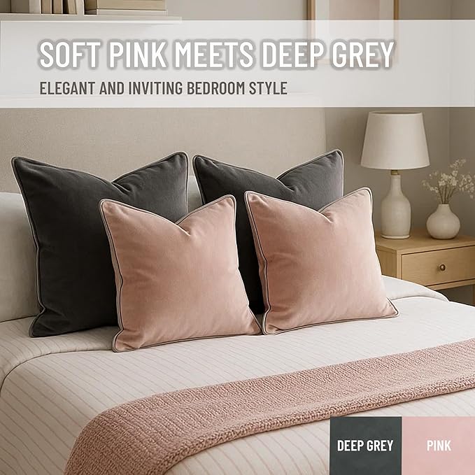 2 Pack Velvet Decorative Throw Pillow Covers, 18"x18", Pink and Grey, Solid, Modern, Contrast Piping, Indoor Use, Bedroom & Living Room