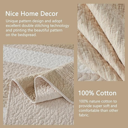 Finlonte 100% Cotton Overized King Bedspread Set, Striped Reversible Lightweight Super Large Quilted Bedspreads Coverlet, 3-Piece, Brown, California King Size
