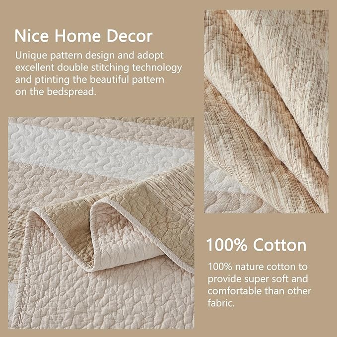 Finlonte 100% Cotton Overized Queen Bedspread Set, Striped Reversible Lightweight Quilted Bedspreads Coverlet, 3-Piece, Brown, Queen Size