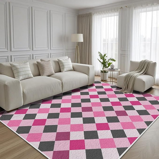 Diamond Checkered Rug 4x6, Soft Ultra Soft Faux Wool Abstract Geometric Rugs, Indoor Floor Mats Carpet, Non Slip&Non-Shedding Low Pile Washable Rugs, Modern Red Rug for Bedroom