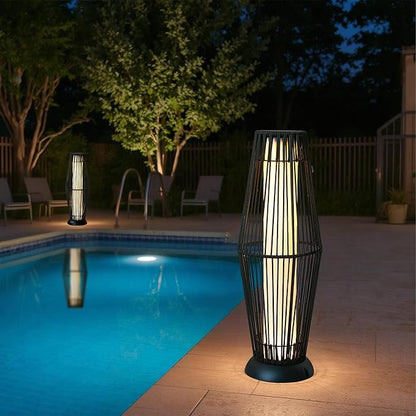 TRIROCKS Outdoor Floor Lamp 2 Piece Solar Powered Lantern Wicker Solar Patio Lamp with Olifen Rope Waterproof Rattan Outside Solar Deck Light for Patio Garden Lawn Yard (Black)