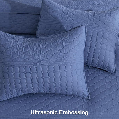 HORIMOTE HOME Denim Blue Twin Size Quilt Set - Soft Microfiber Bedspread with 1 Sham, Lightweight & All-Season Geometric Coverlet for Cozy Bedding