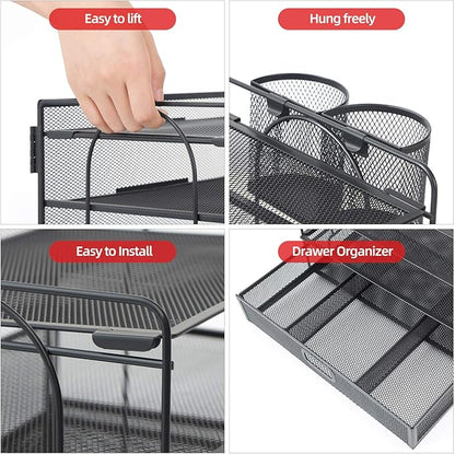 Marbrasse Desk Organizer and Accessories4-Tier Paper File Letter Tray Accessories & Workspace Desk Organizers with Drawer and 2 Pen Holders for School Home Office Supplies (Black)