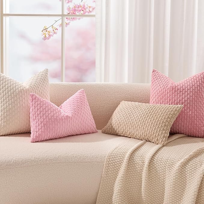 Kevin Textile Valentines Day 14x24 Inch Pillow Cover 1 Pack Boho Decorative Soft Striped Corduroy Lumbar Farmhouse Accent Rectangle Cushion Case for Living Room Couch Sofa Bed, Dark Pink