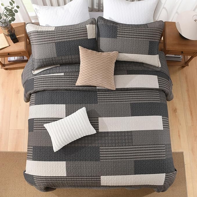 100% Cotton 120"x120" Oversized Quilt Bedspread, Plaid Pattern California King Extra Large Quilt Bedding Set, Cal King XL Bed Spread Lightweight Comforter, Gray, 3Pcs