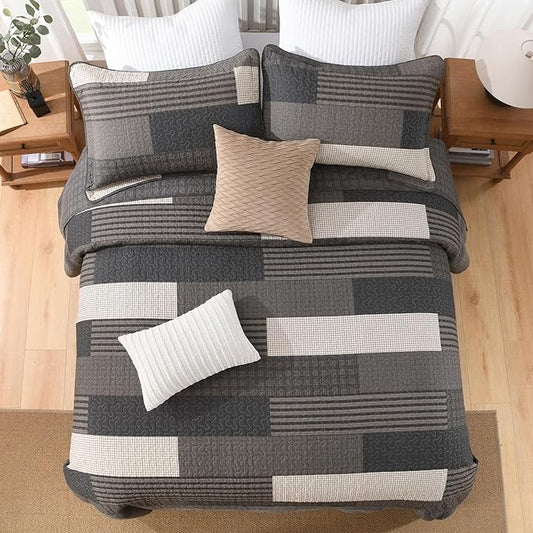 100% Cotton 120"x102" Oversized Quilt Bedspread, Plaid Pattern Oversized Queen Extra Large Quilt Bedding Set, XL Bed Spread Lightweight Comforter, Gray, 3Pcs