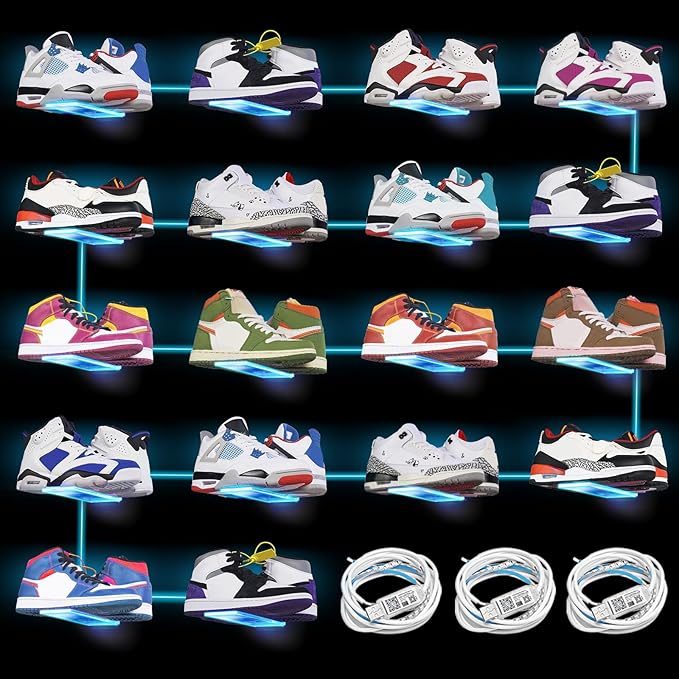 DILIBRA Set of 18 Floating Shoe Display Shelf with Lights, Glow Color Changing Clear Acrylic Shoe Shelf for Wall, Levitating Sneaker Shelves Wall Mount for Display Your Top Shoes Collection