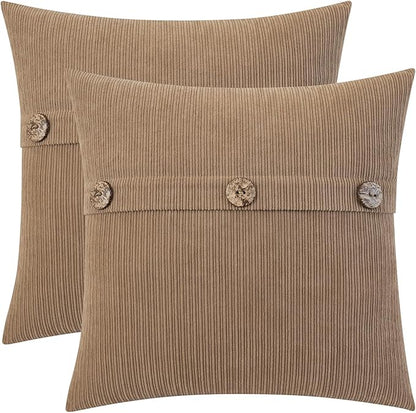 HWY 50 Taupe Chenille Throw Pillow Covers 18x18 Inch with Triple Buttons, Soft Farmhouse Accent Decorative Cushion Cases for Couch Sofa Bed Living Room Pack of 2