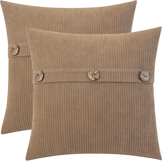 HWY 50 Taupe Chenille Throw Pillow Covers 16x16 Inch with Triple Buttons, Soft Farmhouse Accent Decorative Cushion Cases for Couch Sofa Bed Living Room Pack of 2