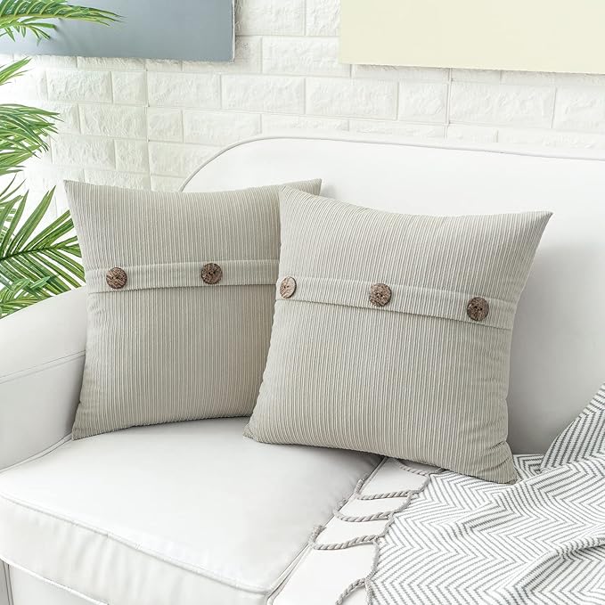 HWY 50 Light Grey Gray Chenille Throw Pillow Covers 20x20 Inch with Triple Buttons, Soft Farmhouse Accent Decorative Cushion Cases for Couch Sofa Bed Living Room Pack of 2