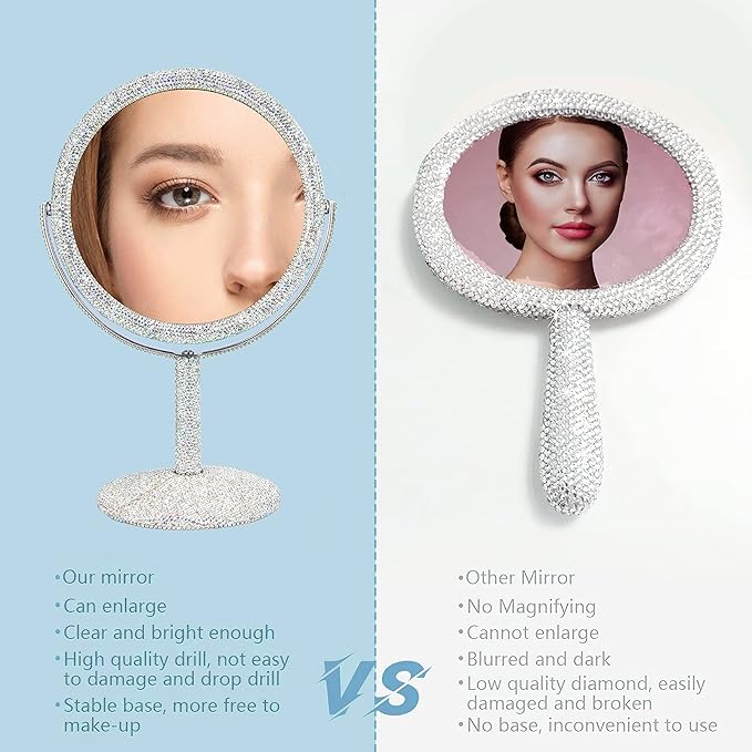 KEYPOWER Bling Rhinestone Makeup Vanity Mirror Round with Stand Double Side Cosmetic Glitter Movable Desk Bathroom Bedroom Tabletop(White)