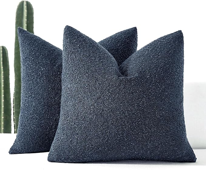 Boucle Decorative Throw Pillow Covers for Couch Set of 2, 24x24 inches, Navy Blue