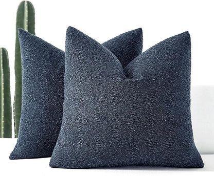 Boucle Decorative Throw Pillow Covers for Couch Set of 2, 18x18 inches, Navy Blue