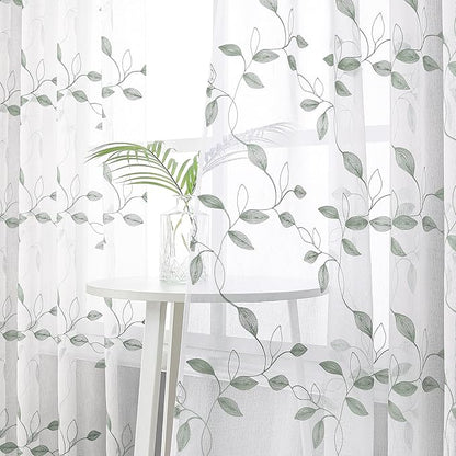 Tollpiz Sage Green Leaf Sheer Curtains Leaves Embroidered Bedroom Short Curtain Rod Pocket Voile Window Treatment for Living Room, 38 x 54 inches Long, Set of 2 Panels